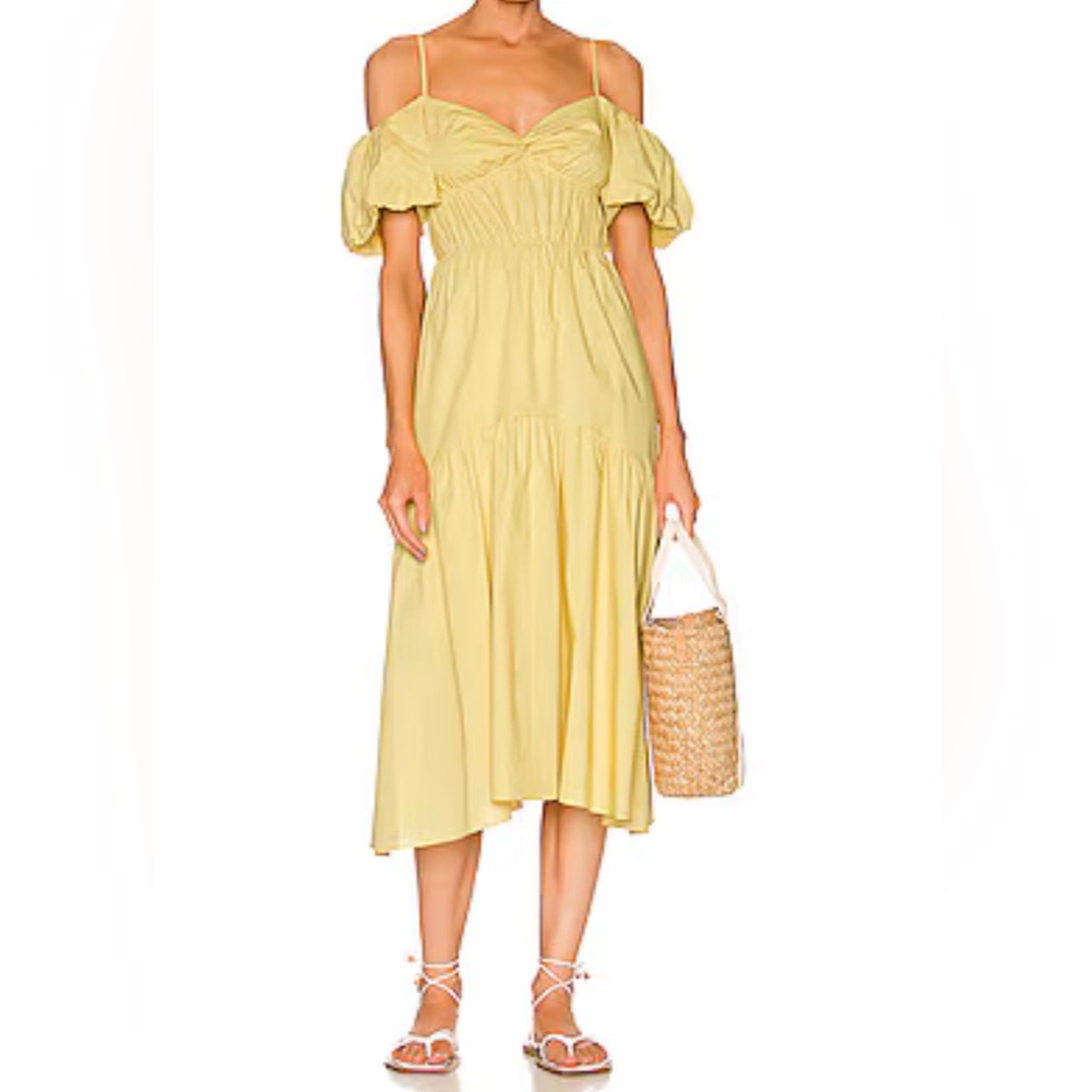 VINCE DRAPED PUFF SLEEVE TIERED MIDI WEDDING GUEST RESORT BRUNCH DRESS SZ 10
